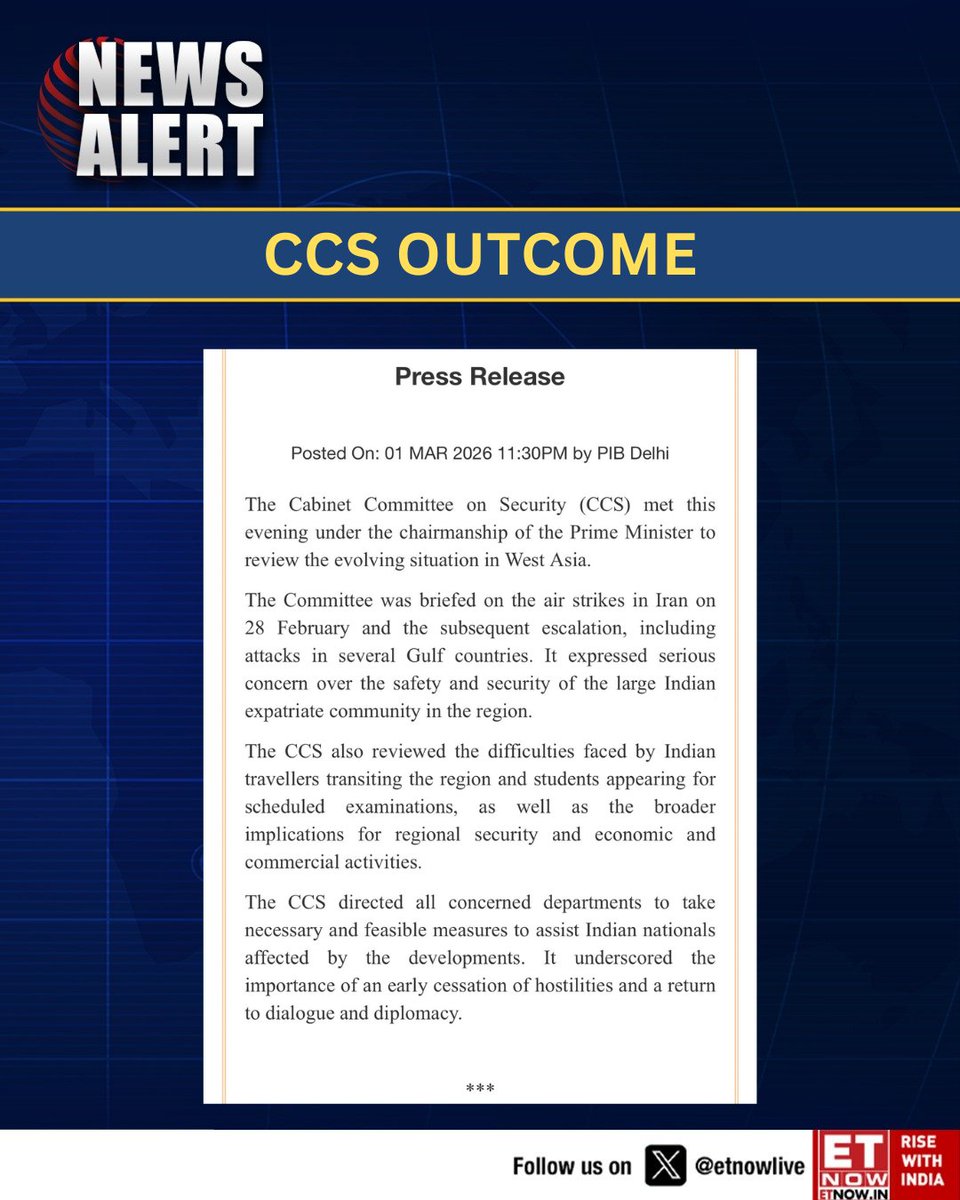 ETNOWlive's tweet image. Cabinet Committee on Security led by Prime Minister Narendra Modi reviews Iran strikes and escalating Gulf tensions, flags concerns over safety of Indian expatriates in the region

#India #CCS #MiddleEastCrisis #NarendraModi