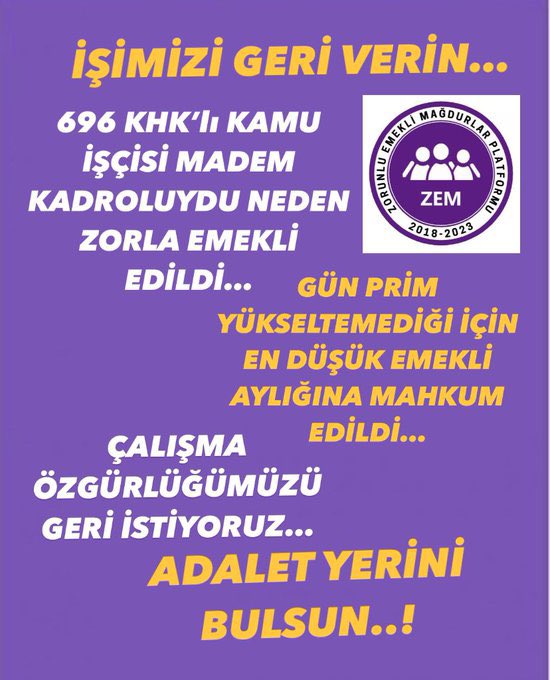 <a href="/LiderBuro/">LİDER BÜRO-SEN</a> #ZorunluEmekliyeİşeİadeHakkı 696 KHK  ile KAMUDA işçiler isteği dışında ZORUNLU EMEKLİ edildi. 03.03.2023 de bu hüküm kaldırıldıysa Yasal Bir Düzenleme ile İŞE İADEMİZİ İSTİYORUZ..
<a href="/RTErdogan/">Recep Tayyip Erdoğan</a> <a href="/dbdevletbahceli/">Devlet Bahçeli</a> 
<a href="/isikhanvedat/">Prof. Dr. Vedat Işıkhan</a> 
<a href="/turkiskonf/">TÜRK-İŞ</a> 
<a href="/hakiskonf/">HAKİŞ KONFEDERASYONU</a>