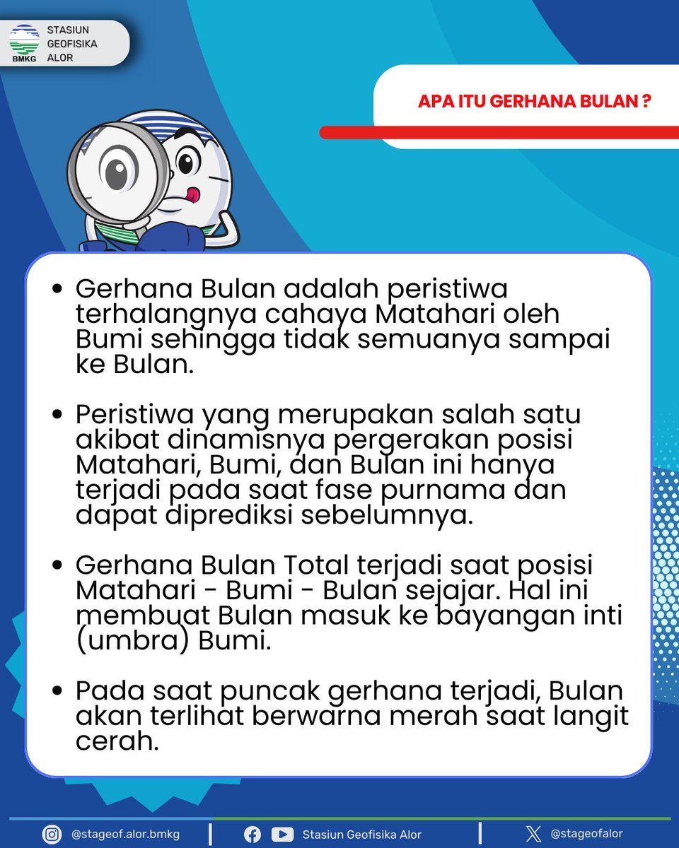 stageofalor's tweet image. Halo sobat BMKG Alor, 3 Maret 2026 akan ada Gerhana Bulan Total!

Fenomena ini dapat diamati dari berbagai wilayah Indonesia. Tim Stageof Alor akan melaksanakan pengamatan gerhana ini. Pantau informasi resminya di:
gerhana.bmkg.go.id

#infobmkg #alor #gerhanabulantotal