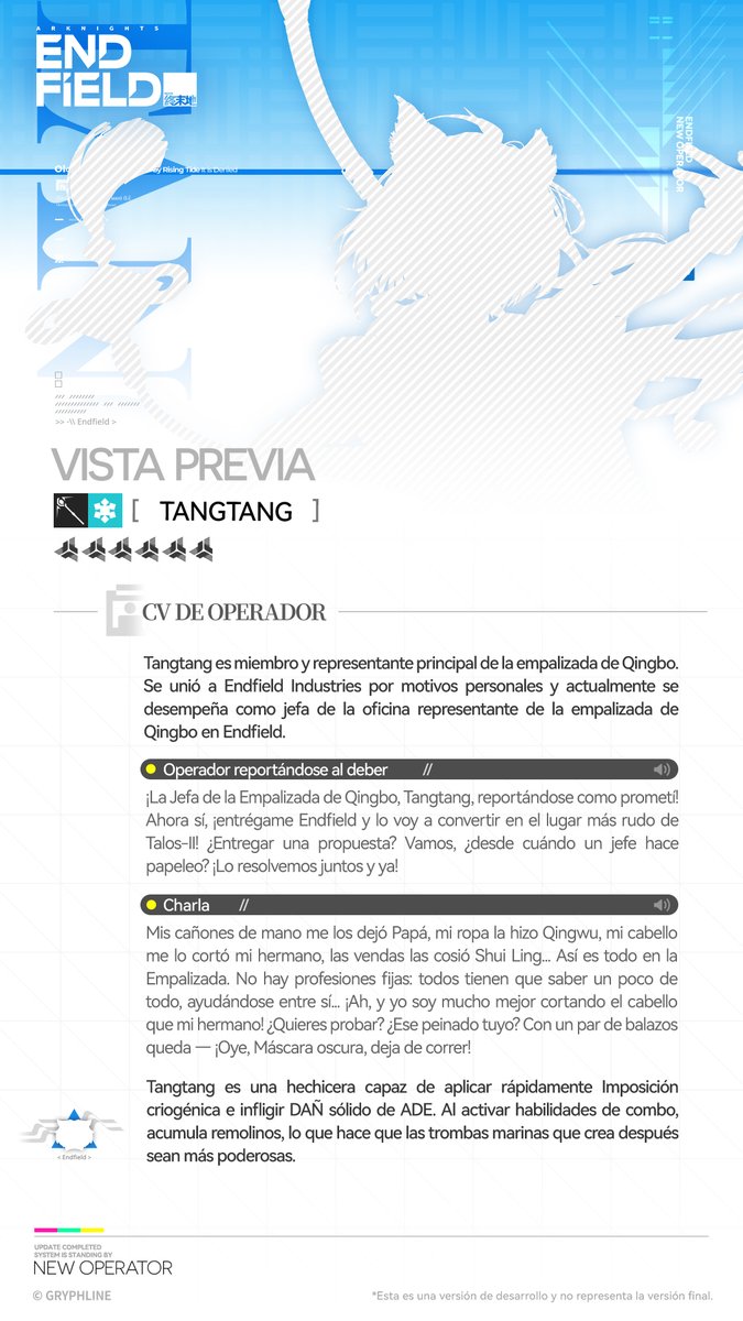 //Tangtang

Tangtang. Sencilla y leal, ella es la Jefa Suprema de la empalizada de Qingbo.
Cuando era una bebé, el río la arrastró hasta la empalizada de Qingbo, donde sus habitantes la adoptaron. A pesar de ser joven, ya tiene decidido asumir el futuro de la empalizada.
A pesar