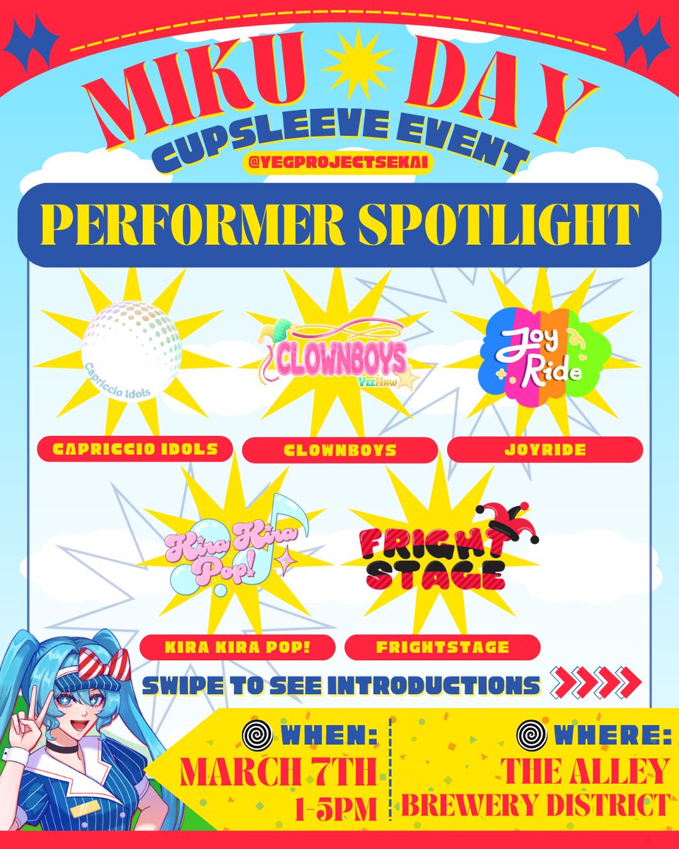 YEGProjectSekai's tweet photo. Please welcome our spectacular lineup of performers! 📢
@/capriccio.idols
@/clownboys_idols
@/joyride.yeg
@/kira.kira.pop
@/frightstages + @/aycilipias

Catch their performances starting from 2:30PM!
⬇️MORE INTRODUCTIONS &amp; INFO IN REPLIES ⬇️ https://t.co/h5pOVF3kCo