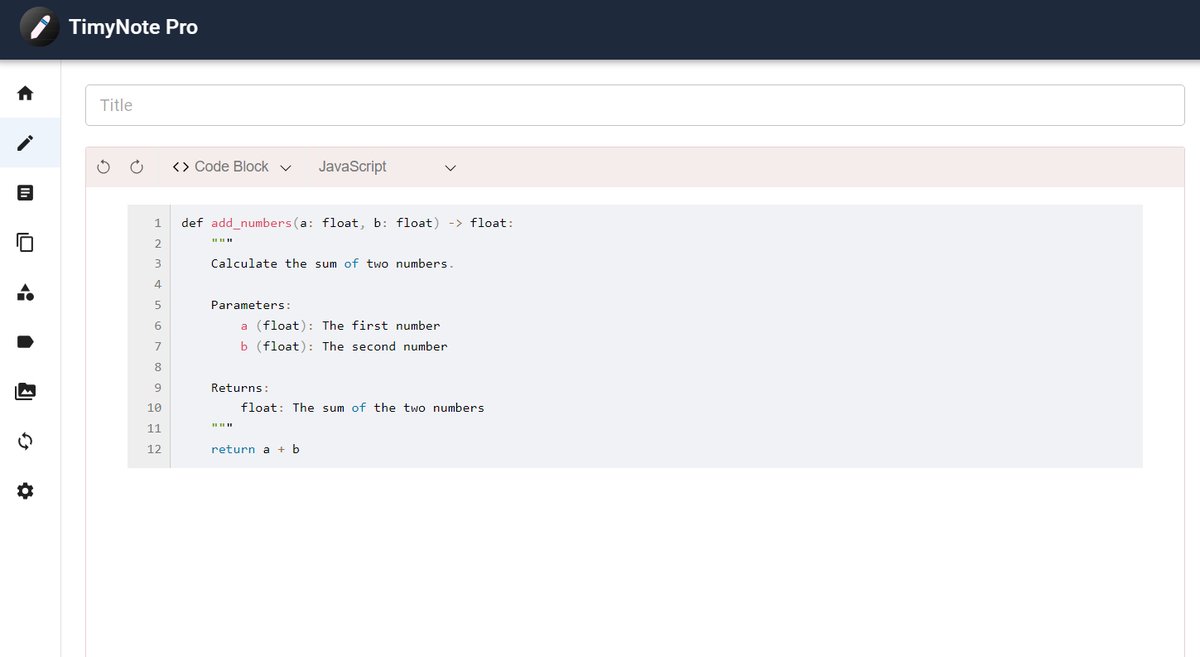 word_x_lab's tweet photo. TimyNote Pro Update 🚀 Collapsible sidebar for a cleaner layout, expanded editor width for maximum writing space, and new code block support for easy code insertion. Enjoy a more focused, efficient, and developer-friendly note-taking experience. https://t.co/BRSSfcdyLC