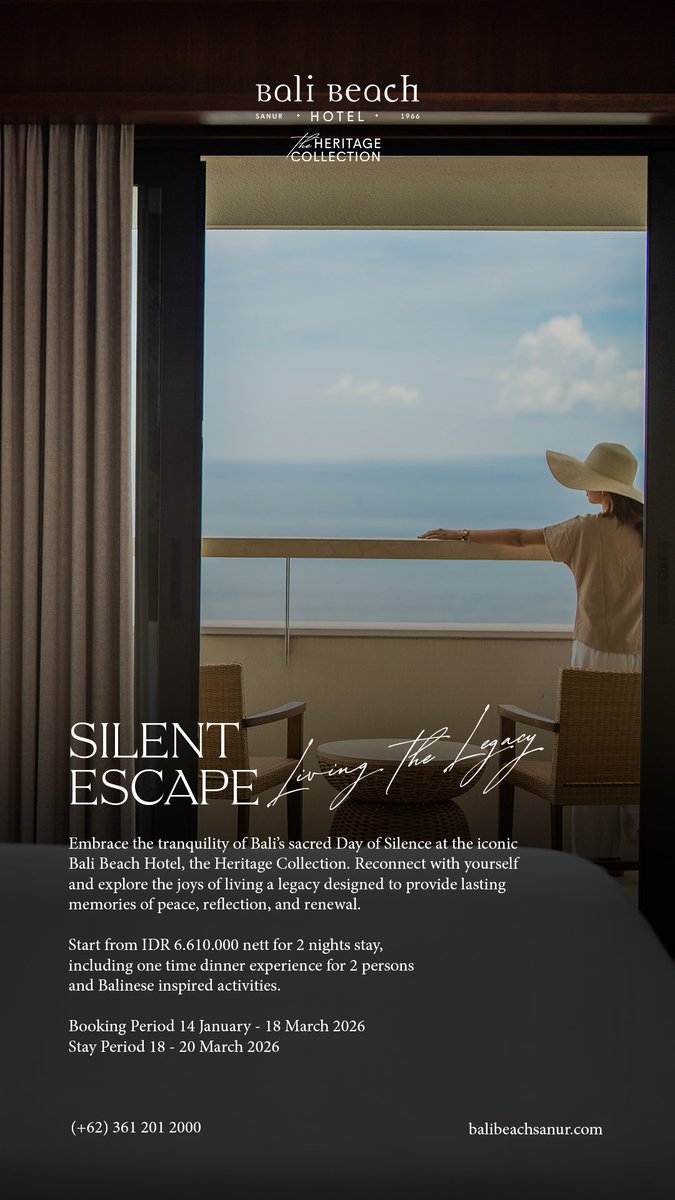 Balibeachhotel's tweet photo. Celebrate Nyepi at Bali Beach Hotel, The Heritage Collection 

Discover the Silent Escape, a two night stay from IDR 6,610,000 nett, including dinner for two and Balinese inspired activities.

18–20 March 2026.

Find out more and plan your peaceful stay with us.  +6281138308825 https://t.co/T7Y9aPl3yW