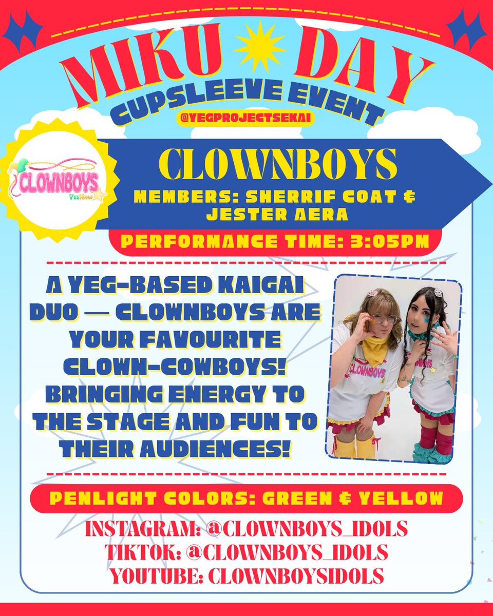 YEGProjectSekai's tweet photo. Please welcome our spectacular lineup of performers! 📢
@/capriccio.idols
@/clownboys_idols
@/joyride.yeg
@/kira.kira.pop
@/frightstages + @/aycilipias

Catch their performances starting from 2:30PM!
⬇️MORE INTRODUCTIONS &amp; INFO IN REPLIES ⬇️ https://t.co/h5pOVF3kCo