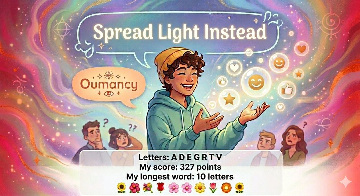 2God4em's tweet image. People are often a_g_av_t_d when they don't understand my Oumancy, but today is #WorldComplimentDay, so I'm choosing to spread light instead. You’re doing better than you think. ✨

🌻 🌺 💐 🌹 💮 🌸 🌼 🌷 🏵 🌻
Blossom Game
🌻 🌺 💐 🌹 💮 🌸 🌼 🌷 🏵 🌻
merriam-webster.com/games/blossom-…