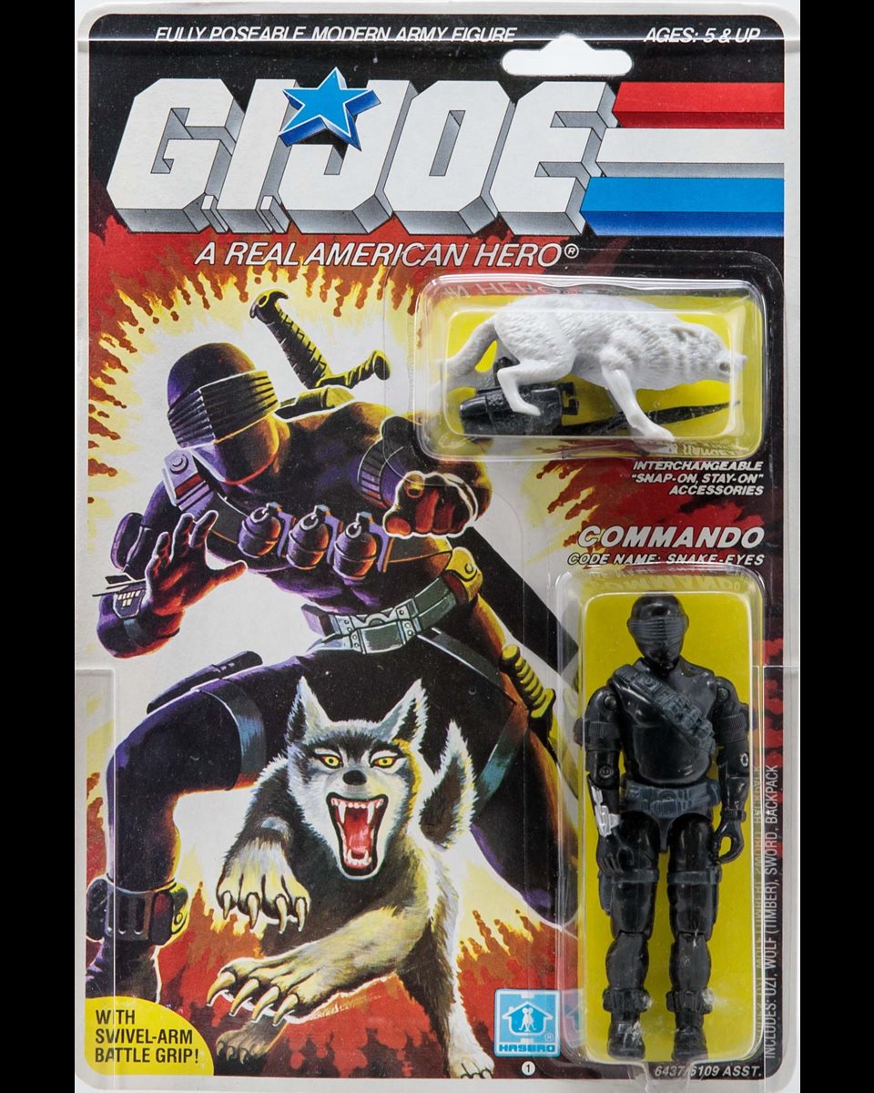 COMMANDO. Code Name: SNAKE-EYES. The 1985 version came with a new look and a new wolf companion, Timber.

ROLL CALL: Have him / had him / want him?!