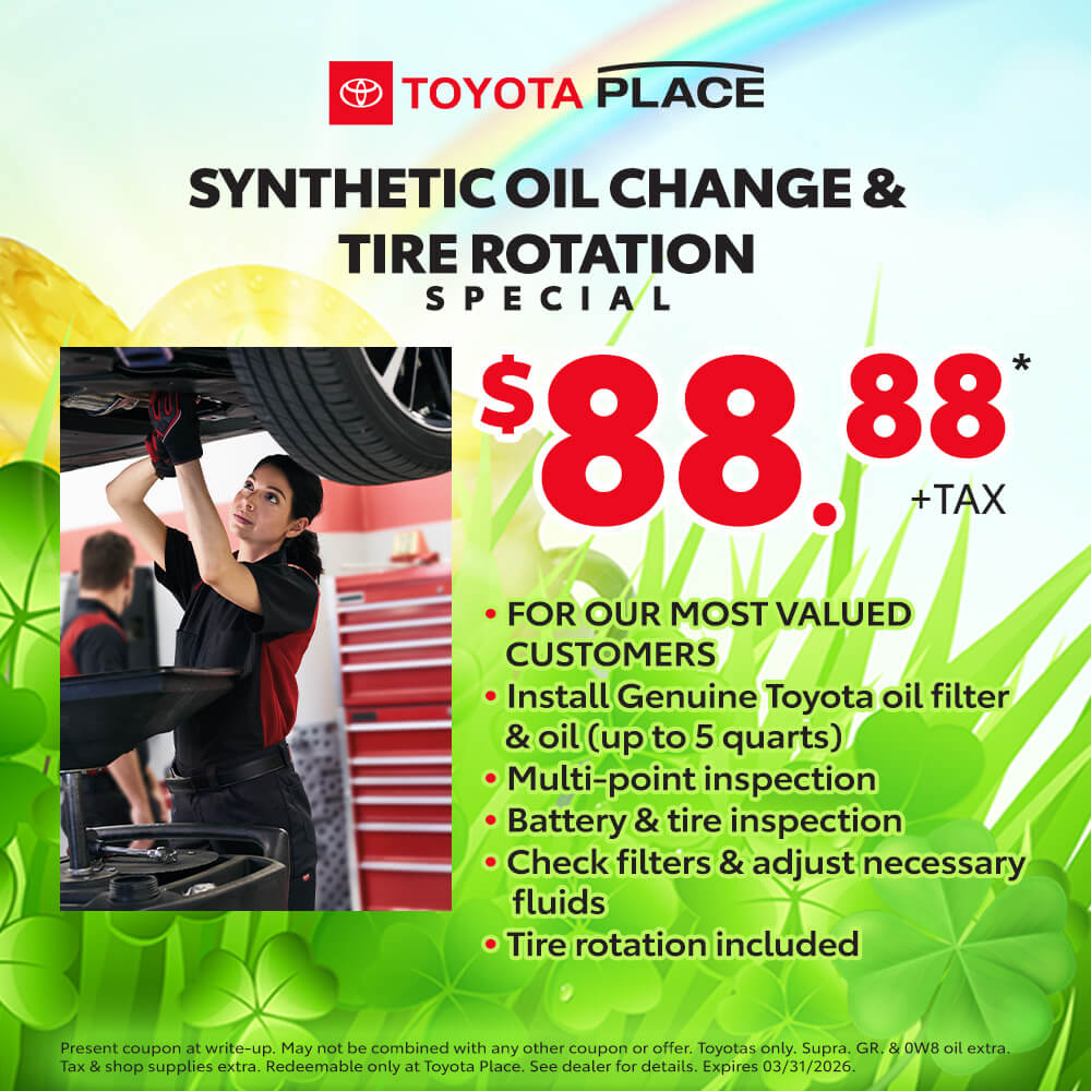 ToyotaPlace's tweet image. Synthetic Oil Change &amp;amp; Tire Rotation Special
For only $88.88 +tax
– Install Genuine Toyota oil filter &amp;amp; oil (up to 5 quarts)
– Multi-point inspection
– Battery &amp;amp; tire inspection
– Check filters &amp;amp; adjust necessary fluids
– Tire rotation
#oilchange #tirerotation #toyotaplace