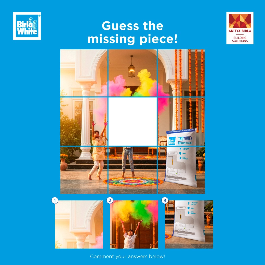 Complete this colourful Holi scene! What makes this snapshot picture-perfect for you?

Spot the right piece and comment below!

*T&amp;C applied

#BirlaWhite #HoliContest #GuessTheMissingPieceContest #HappyHoli #ContestAlert #BirlaWhiteKaWhiteCementAdvantage