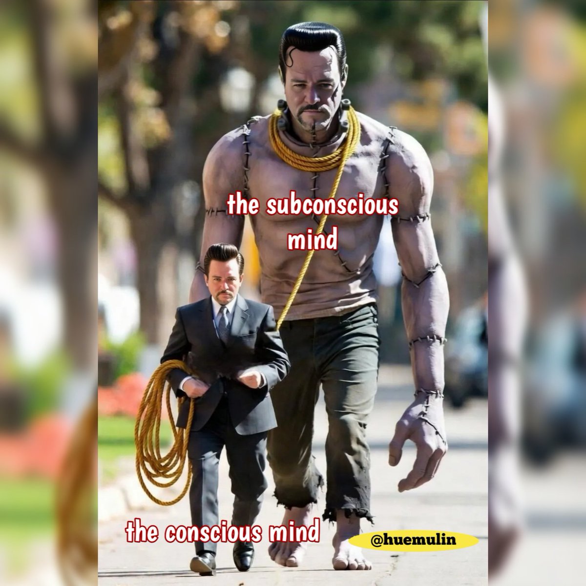 El "enano" en traje y corbata representa el consciente, que toma decisiones y controla nuestras acciones inmediatas. En cambio, el "gigante" musculoso representa el subconsciente, que almacena recuerdos, emociones y hábitos, y que tiene un gran poder sobre nuestra vida. ¡Me