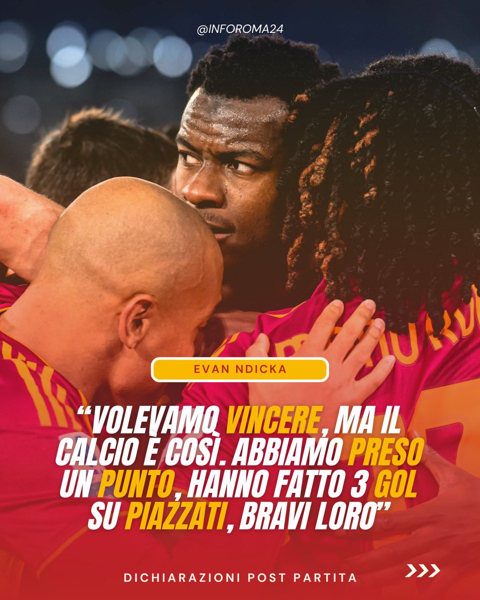 inforoma24's tweet image. 🟡🔴 Al termine di #RomaJuventus, il difensore giallorosso #Ndicka ha rilasciato queste dichiarazioni.  

🎙️ Ha parlato degli errori commessi dalla difesa sui gol dei bianconeri, sottolineando la voglia di vittoria, anche l’importanza di non buttare via tutto.

📲 : @dazn_it