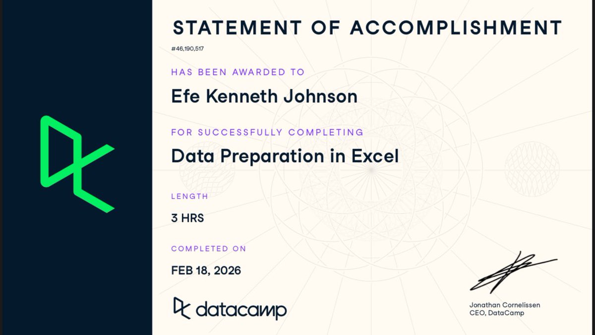 I_jkenneth's tweet photo. Still riding the momentum from my @DataCamp sprint a few weeks ago!
Between Data Prep and Data Viz in Excel, I feel way more prepared to dive deep into my Google Data Analytics Professional Certificate.
Building the foundation, one cert at a time.
#Excel #DataViz #DataPrep https://t.co/DHZUBNgq3Q