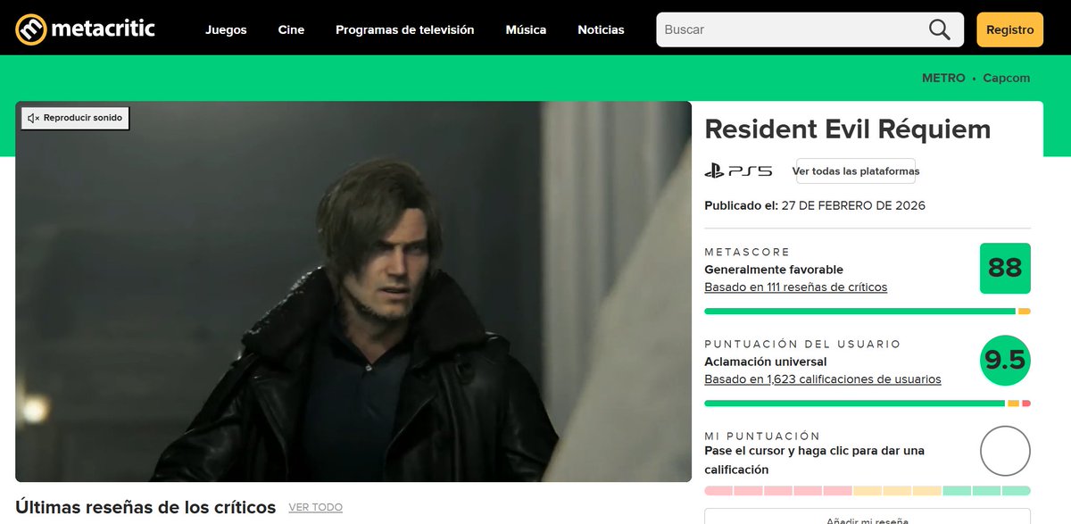 Como fan, no hay nada mejor que esto. Resident Evil Requiem tiene una nota bastanta alta por parte de los críticos, pero encima de esto... ¡Mira ese 95 por parte de los jugadores! La gente está disfrutando del juego como nunca y lo vale.