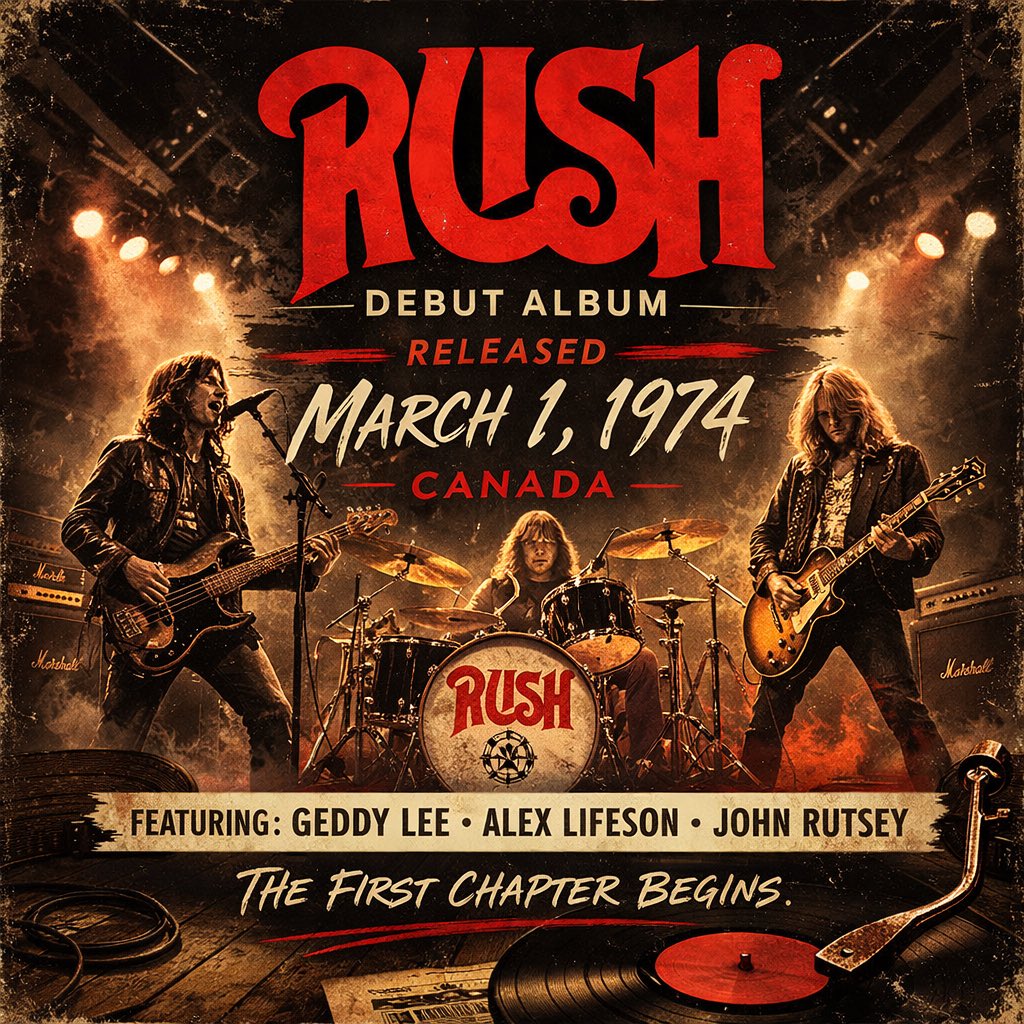 noconsideratio3's tweet photo. March 1, 1974 — Rush released their self-titled debut album in Canada via Moon Records.
Featuring Geddy Lee, Alex Lifeson, and John Rutsey, it launched one of rock’s most respected careers.
#Rush #OnThisDay #RockHistory https://t.co/Oo8fYM3b44