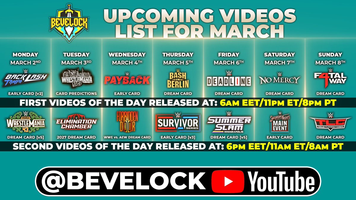 bevelock1's tweet photo. 🚨 BREAKING NEWS 🚨
BEVELOCK'S upcoming videos list for the first WEEK of March has been revealed!👇
SUBSCRIBE: https://t.co/CucgrcWOKh
#WWE #Bevelock #BevelockWWE #MatchCard #WWEMatchCard #CardPredictions #EarlyCard #ResultsPredictions #FullResults #DreamCard https://t.co/5jTSU0cJJR