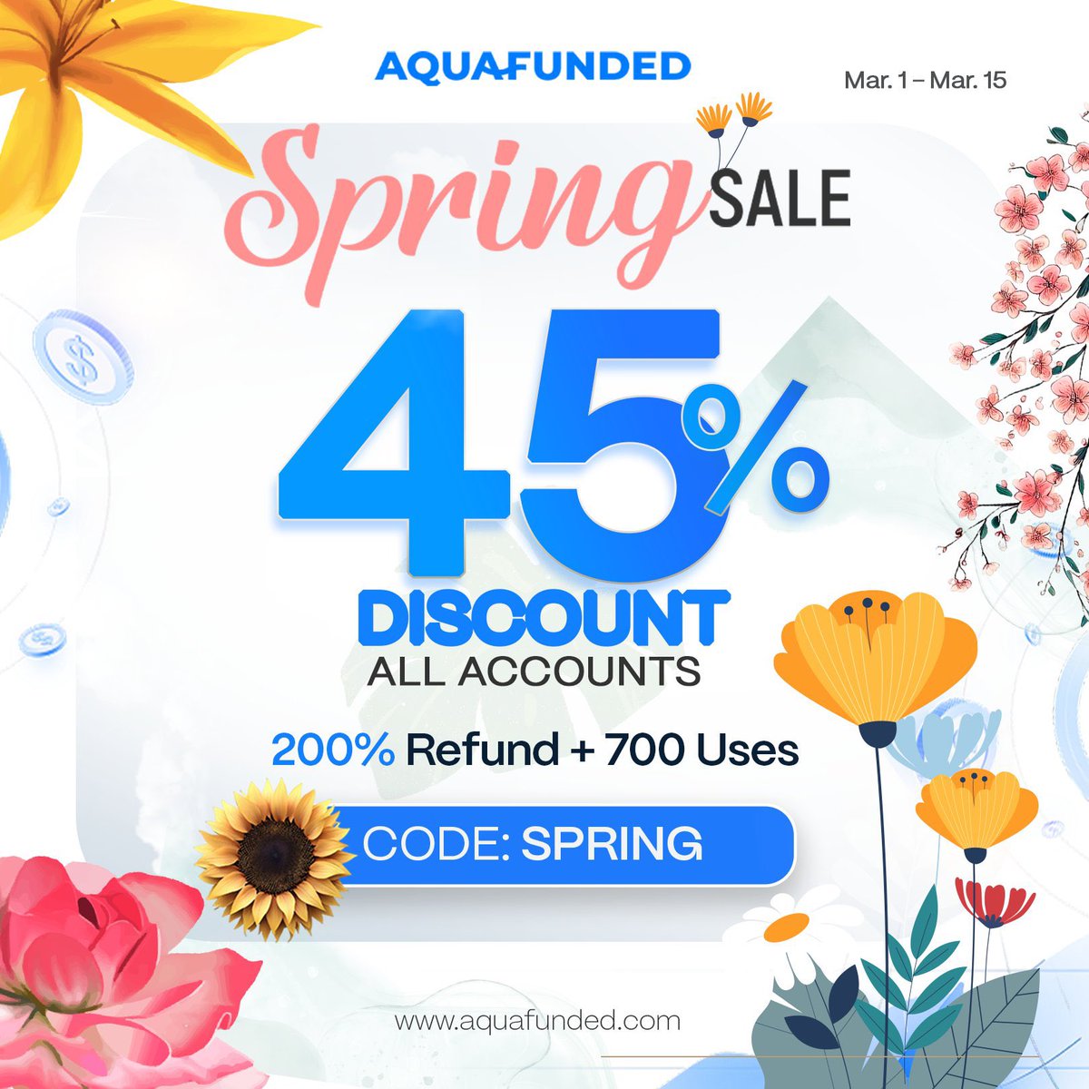 Spring Sale on Aquafunded 

Use the code Spring for 45% on all accounts. 

200% refund on account cost at payout. 

Valid for 700 users. 

aquafunded.com/?afmc=HERMANST… 

Get in...
