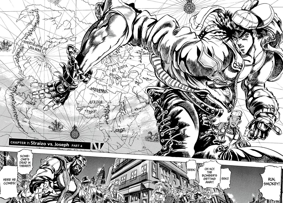 Araki se adelantó a su tiempo y usó una técnica a la que llamo "deformación leve", donde se cambia por poco la anatomía de los personajes para que cuadren en páginas físicas.

Aunque supongo que no funciona en todos los estilos.