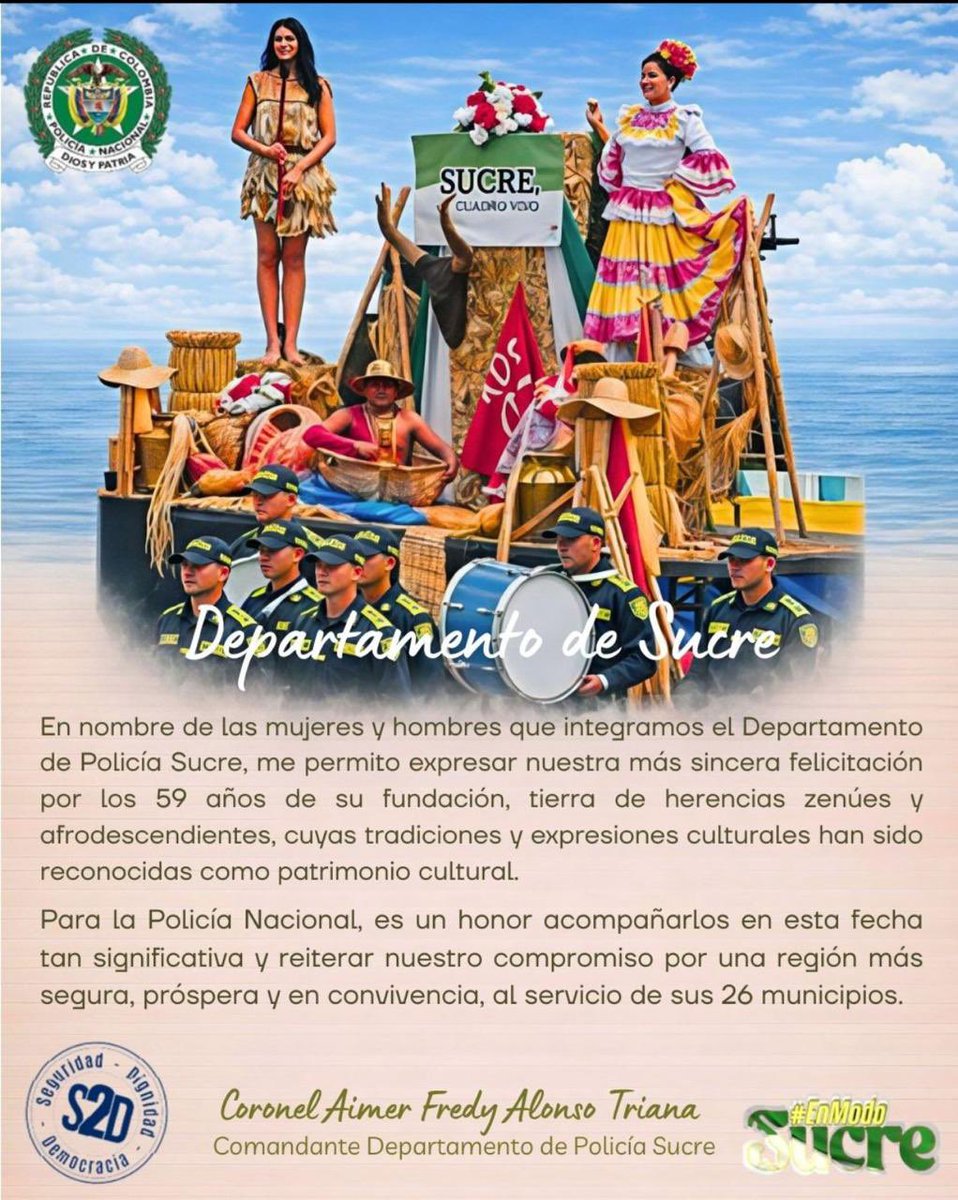 SucrePolicia's tweet photo. Hoy celebramos con orgullo los 59 años de Sucre 💙✨

Desde el Departamento de Policía Sucre nos unimos a esta conmemoración, reafirmando nuestro compromiso por la seguridad, la convivencia y el bienestar de todos los sucreños.

¡Feliz cumpleaños, Sucre! 🎉🙌

#EnModoSucre https://t.co/CbJdZYy9j4