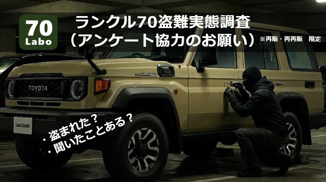 LC70_Labo's tweet photo. 盗難ランキングTOPのランドクルーザー。で、ランクル70はどうなの？アンケートで実態に迫れるか？お時間あればご協力ください。回答はリンク先ブログにて。https://t.co/M5gWtzk8BX
#ランクル70盗難実態
#landcruiser70
#再再販ランクル70
#再販ランクル70 https://t.co/J5R6PNCl69