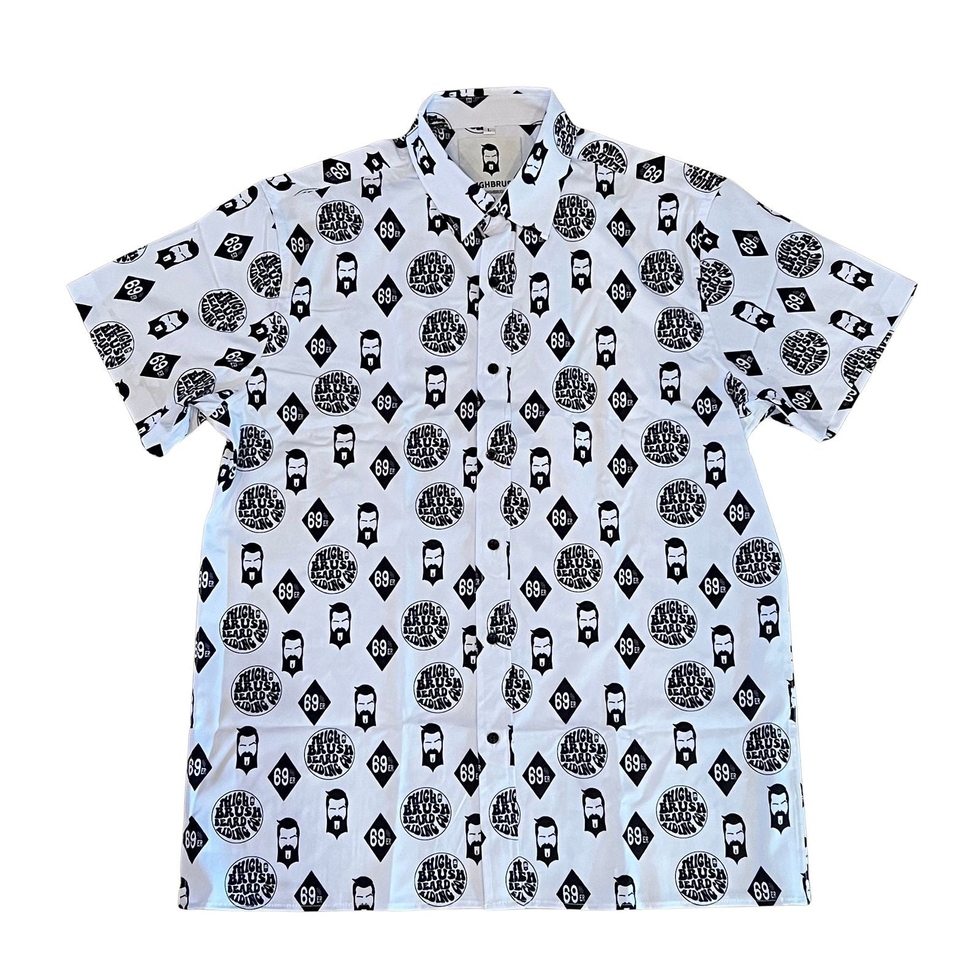 THIGHBRUSH® "LOGO BLAST" Men's Short Sleeve Button-up Party Shirt in White with Black Logo/Print. Sizes L-3XL. 96% Polyester, 4% Spandex. Wrinkle Resistant Fabric. Product Link:  #THIGHBRUSH #THIGHBRUSHAPPAREL #BEARDS #FASHION #MENS #CLOTHING #SUMMER
