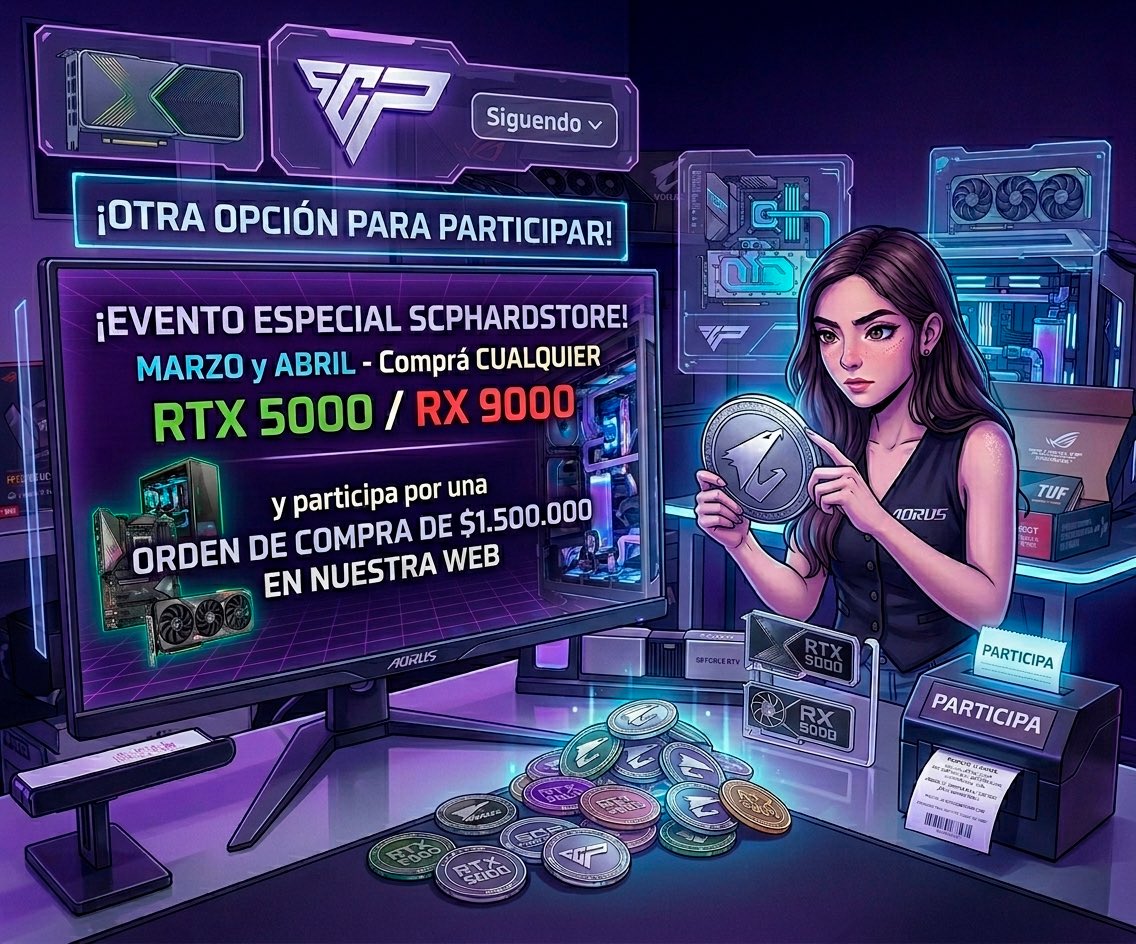 SCPHardstore's tweet photo. ¿Querés renovar tu setup con lo último de lo último? Comprando cualquier placa de la serie RTX 5000 o RX 9000 durante marzo y abril, ¡ya estás participando!

Te podés ganar una ORDEN DE COMPRA POR $1.500.000 para gastar en lo que quieras de nuestra web. 🛒
https://t.co/AUrsq1h3yZ https://t.co/pwxyRMC0uA
