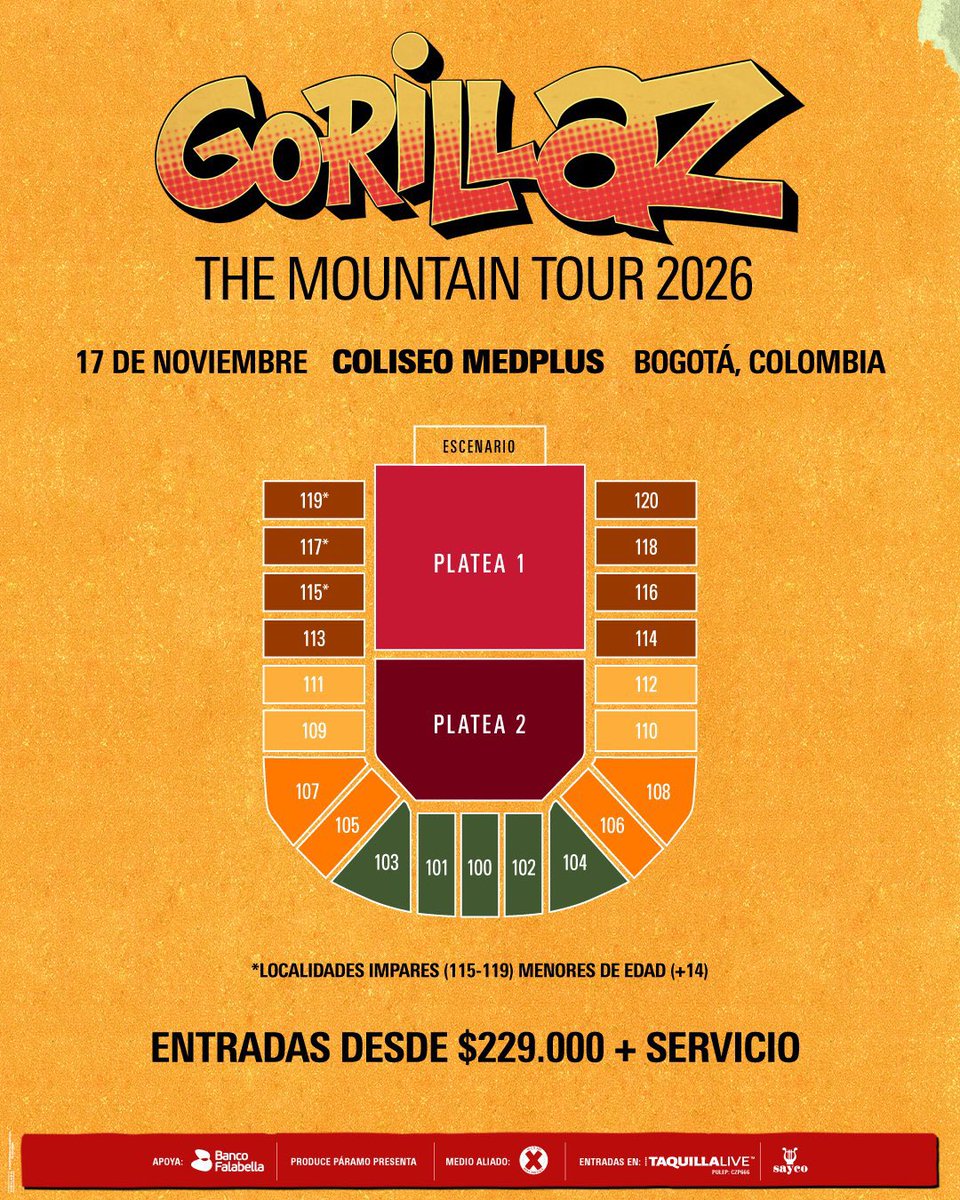 🦍 Esto será un descontrol.

El martes 17 de noviembre <a href="/gorillaz/">gorillaz</a> se toma Bogotá. 🎟️ Adquieran sus entradas y nos vemos en el <a href="/coliseomedplus/">Coliseo MedPlus</a> 

Preventa clientes <a href="/BcoFalabellaCo/">Banco Falabella Colombia</a>, lunes 2 de marzo, 10a.m.

#VientosdeRock