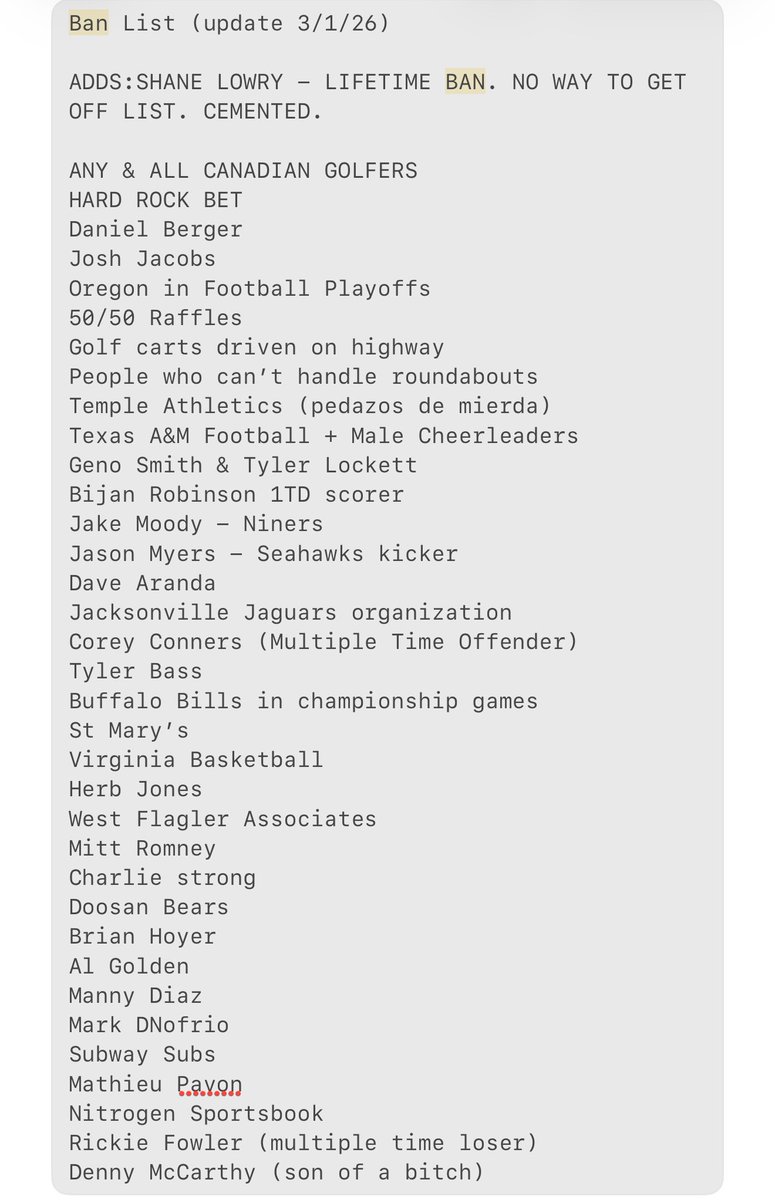 BeatinTheBookie's tweet image. Shane Lowry joins the list. I’ll never bet him again, only against. He’s the first ever lifetime lister, meaning no matter what he will never leave the list.