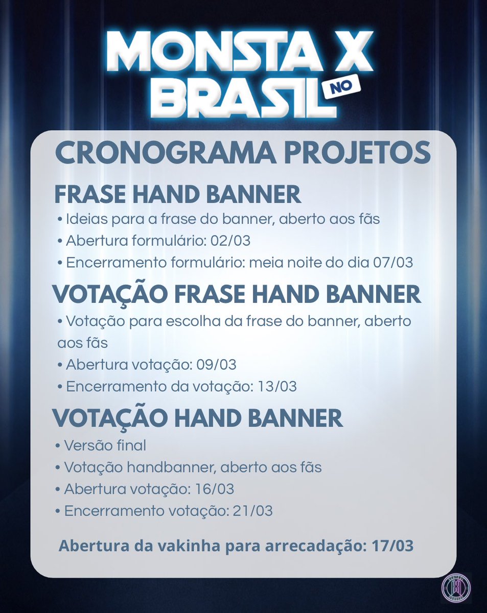 [AVISO]

Olá, Monbebe 🇧🇷

Segue cronograma referente ao projeto do HAND BANNER para Tour The X: Nexus 

🚨 𝙊 𝙝𝙖𝙣𝙙 𝙗𝙖𝙣𝙣𝙚𝙧 𝙚𝙨𝙩𝙖𝙧𝙖́ 𝙨𝙪𝙟𝙚𝙞𝙩𝙤 𝙖̀ 𝙖𝙥𝙧𝙤𝙫𝙖𝙘̧𝙖̃𝙤 𝙙𝙖 𝙥𝙧𝙤𝙙𝙪𝙩𝙤𝙧𝙖 𝙟𝙪𝙣𝙩𝙤 𝙖 𝙚𝙢𝙥𝙧𝙚𝙨𝙖 (𝙎𝙩𝙖𝙧𝙨𝙝𝙞𝙥), 𝙚𝙨𝙩𝙖𝙧