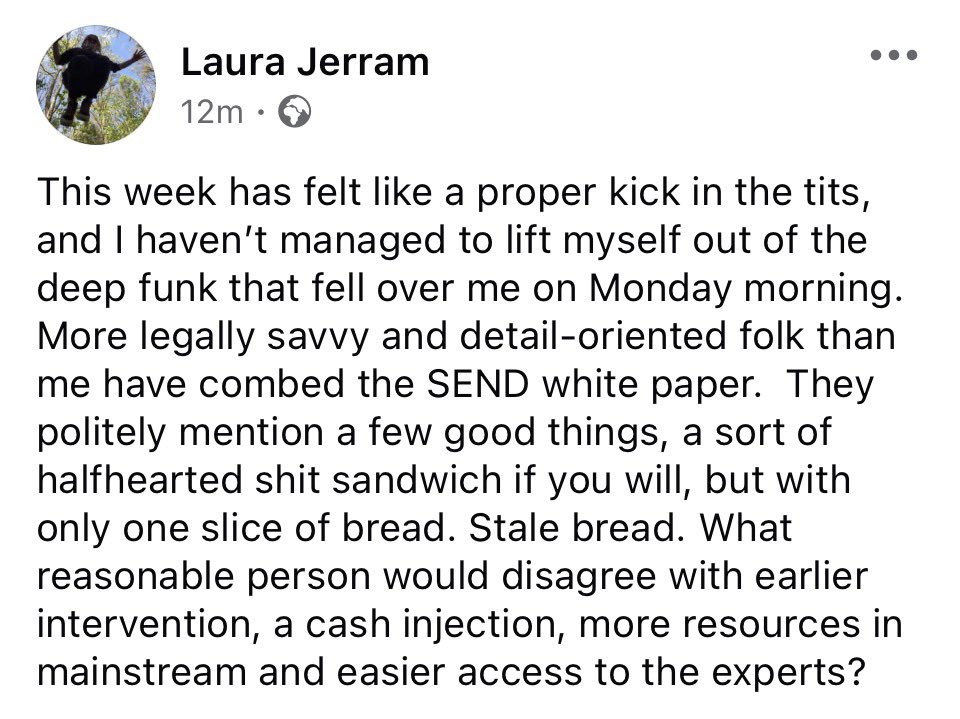 laurajerram's tweet photo. I’m crap at this platform but I ranted into the ether about the send white paper and figured I’d screen shot it (badly) for your digestion.  Enjoy.

#send  #sendreform #sendwhitepaper #educationuk https://t.co/XUHmgvpZvC