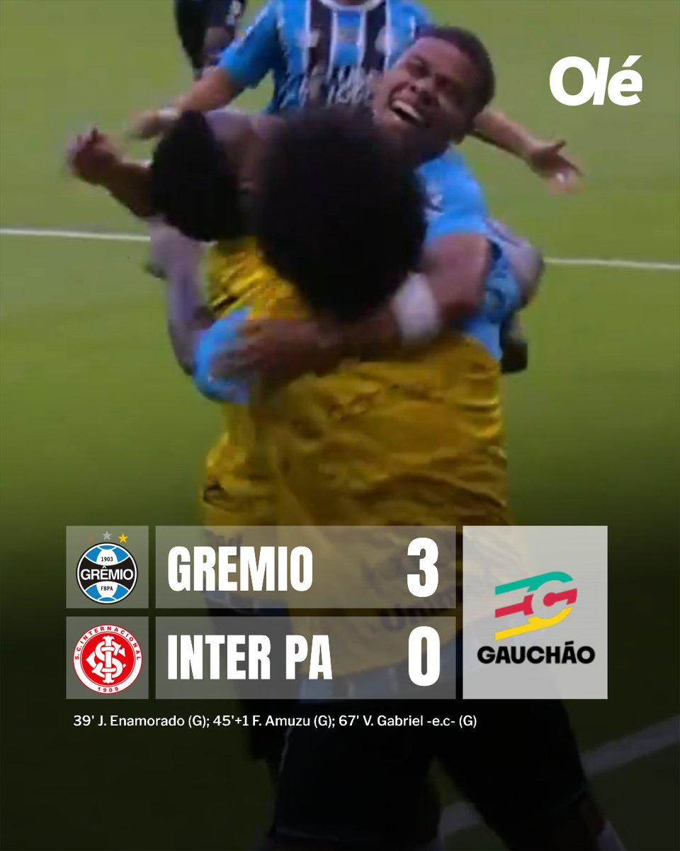 ✅⚪🔵 ¡GOLEADA DE GREMIO EN EL CLÁSICO PARA SOÑAR CON EL GAÚCHO!

⚽⚽⚽ Derrotó 3-0 a Inter de Porto Alegre en la ida de la final.

🔜 La vuelta será el próximo domingo a las 18:00hs.