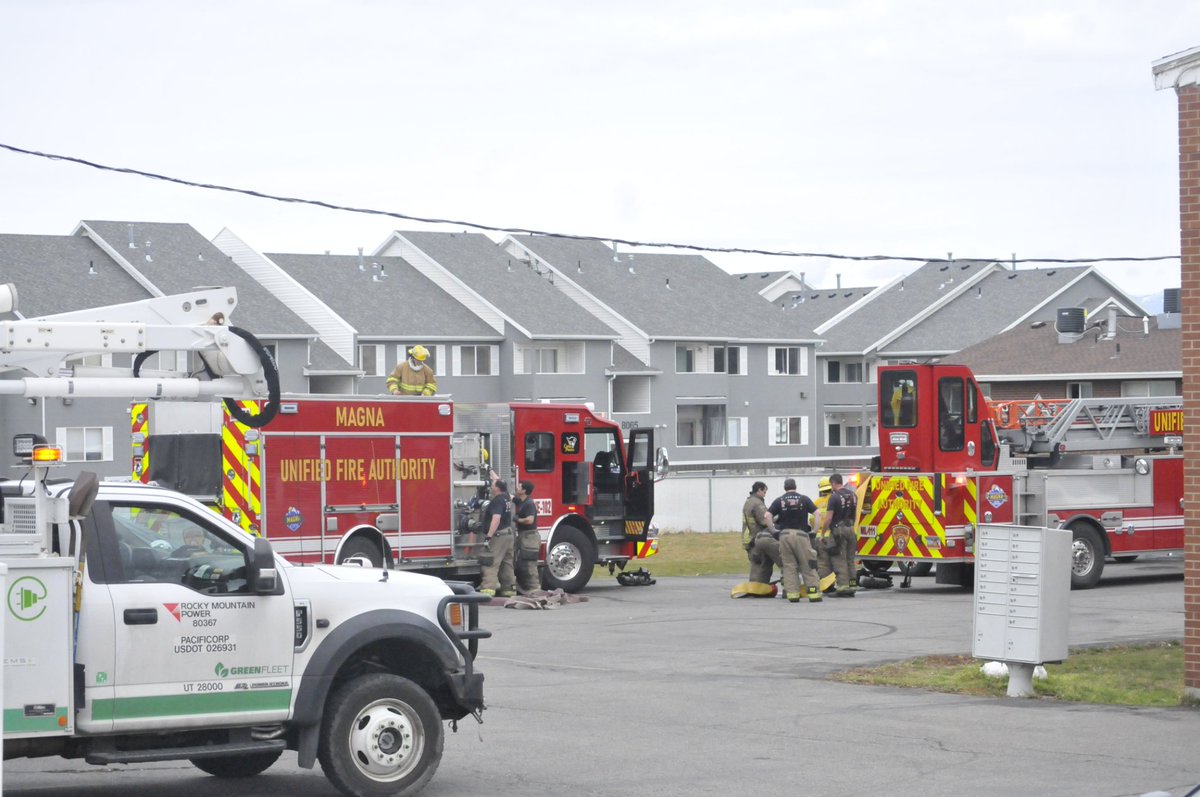 SLCNightWatch's tweet photo. March 1, 2026 | 12:20 P.M. – Magna crews responded to a kitchen fire that spread to four units. Fire was contained by 1:20 P.M. Approximately 7–8 residents were displaced. No injuries reported. https://t.co/97tImOqhrx