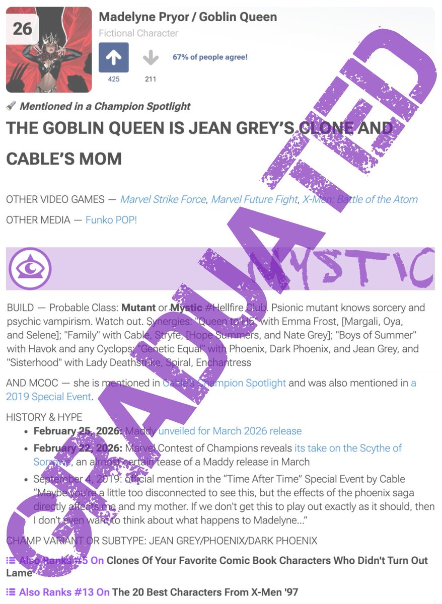 MADELYNE PRYOR has graduated from the MCOC Wishlist.

Her official Champion Spotlight: playcontestofchampions.com/news/champion-…

The MCOC Wishlist: tinyurl.com/mcocwishlist