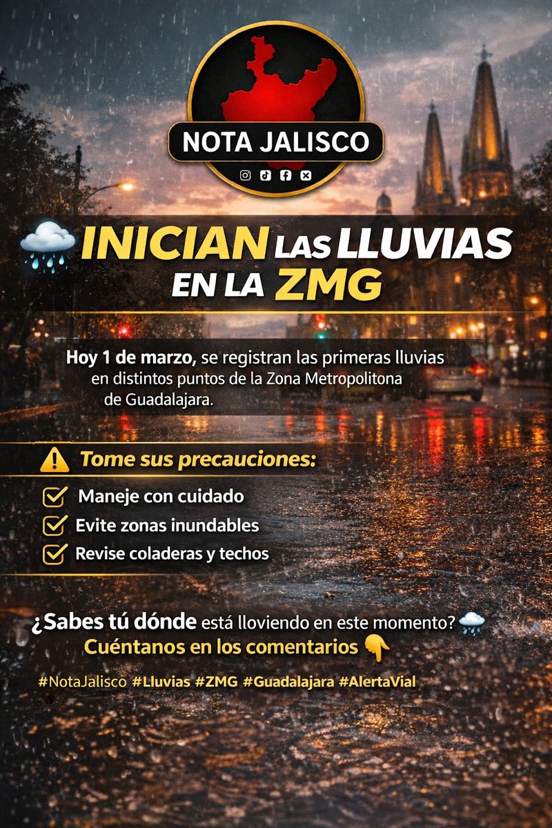 La tarde de este domingo 1de marzo se registran las primeras lluvias en distintos puntos de la Zona Metropolitana de Guadalajara.
⚠️ Tome sus precauciones: • Maneje con cuidado
• Evite zonas inundables
• Revise coladeras y techos
¿Sabes tú dónde está lloviendo en este momento