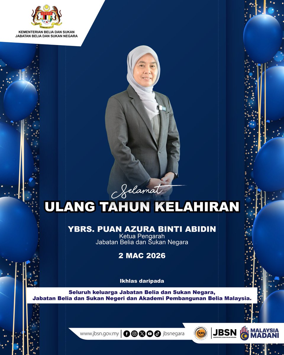 JBS_Negara's tweet photo. Happy birthday Pn. Azura! 🎂

Semoga dikurniakan kesihatan yang baik dan dipermudahkan segala urusan seterusnya memacu kecemerlangan JBSN. 🎉

#TeamKBS #TeamJBSN #JBSNKomited #MalaysiaMADANI https://t.co/CIy1yWAJfp