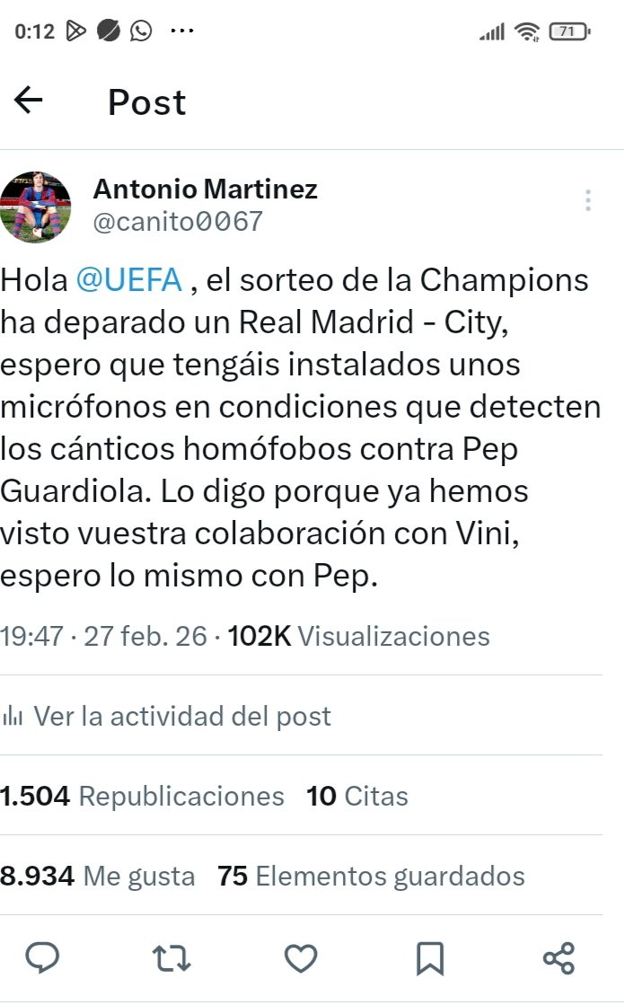 Ayer puse este tuit. Quise advertir a la <a href="/UEFA/">UEFA</a> de algo que todos sabemos que ocurrirá en el Bernabéu cuando reciban la visita del City. Si veis las respuestas de los madridistas podréis comprobar que a ellos el racismo, la HOMOFOBIA y el respeto les importa una mierda.