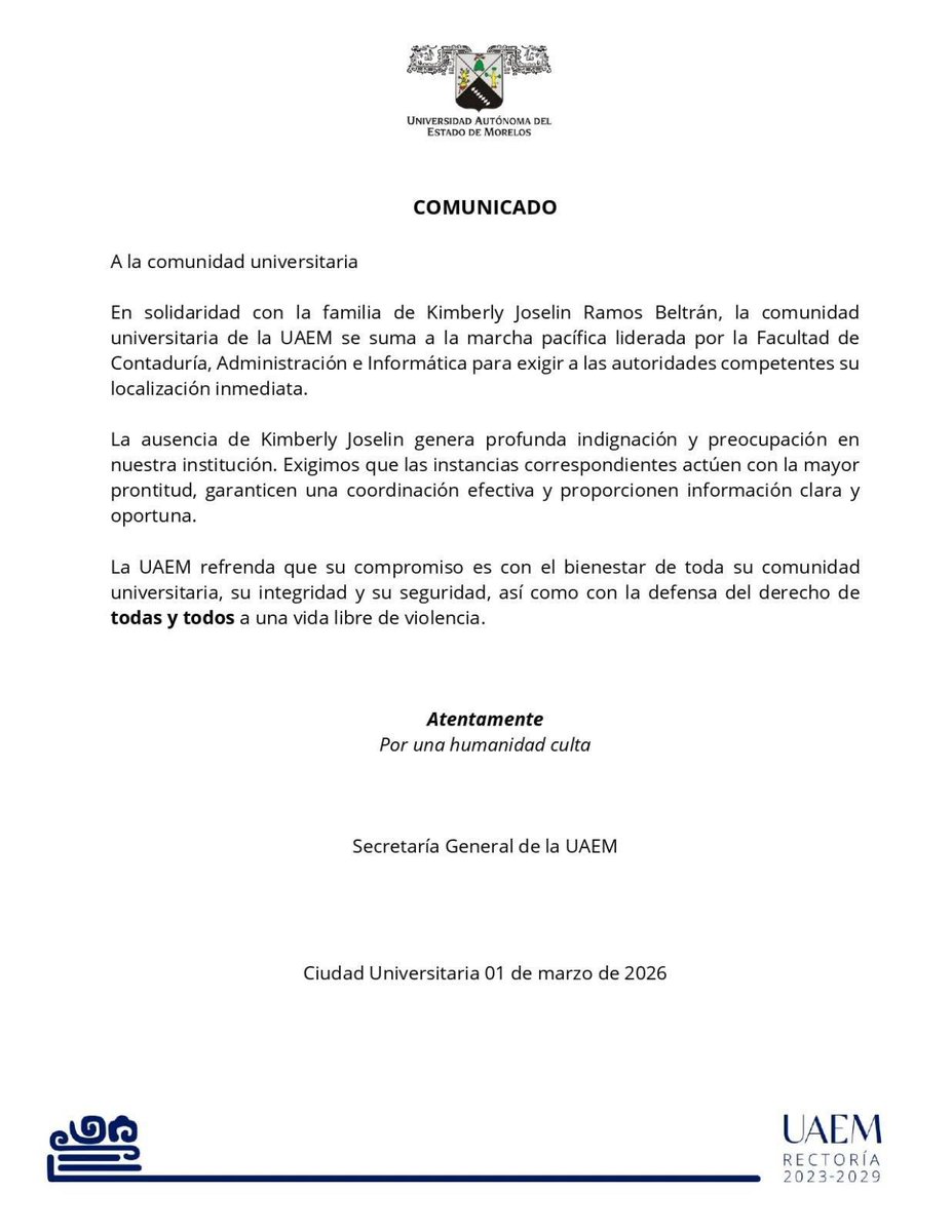 Familiares de Kimberly y estudiantes de la UAEM convocan a una marcha para exigir su presentación con vida, este lunes a las 8am, de Chamilpa al Centro. La Rectoría se suma a la movilización pacífica. #Kimberly #Morelos #UAEM #Cuernavaca