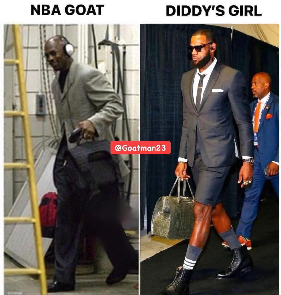 Goatmanx23's tweet photo. Jordan was all business when it came to basketball; LeBron, on the other hand, looks like he just arrived from a Diddy party, all oiled up 💯💯 https://t.co/06ivALKFVd
