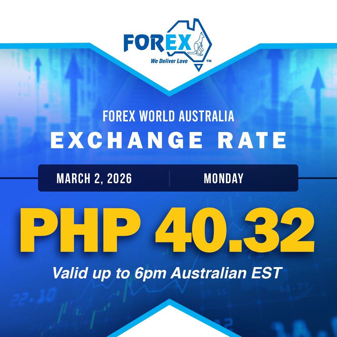 Forex World Australia Exchange Rate March 2, 2026 (Monday) is PHP 40.32 valid up to 6pm Australian EST.
tinyurl.com/jrsbwb8x