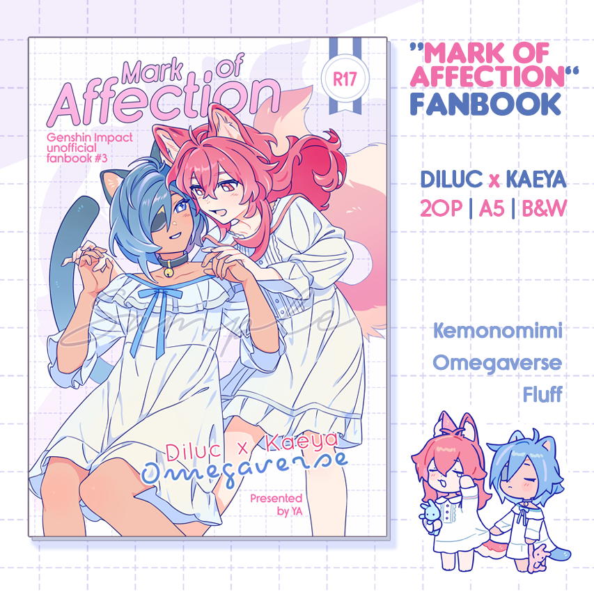 [RT💙] Mark of Affection is now available for online pre-order until the 28th of March! The merch bundle includes a print and sticker sheet. You can order past Luckae fanbooks as well, while they're in stock~

(link below)