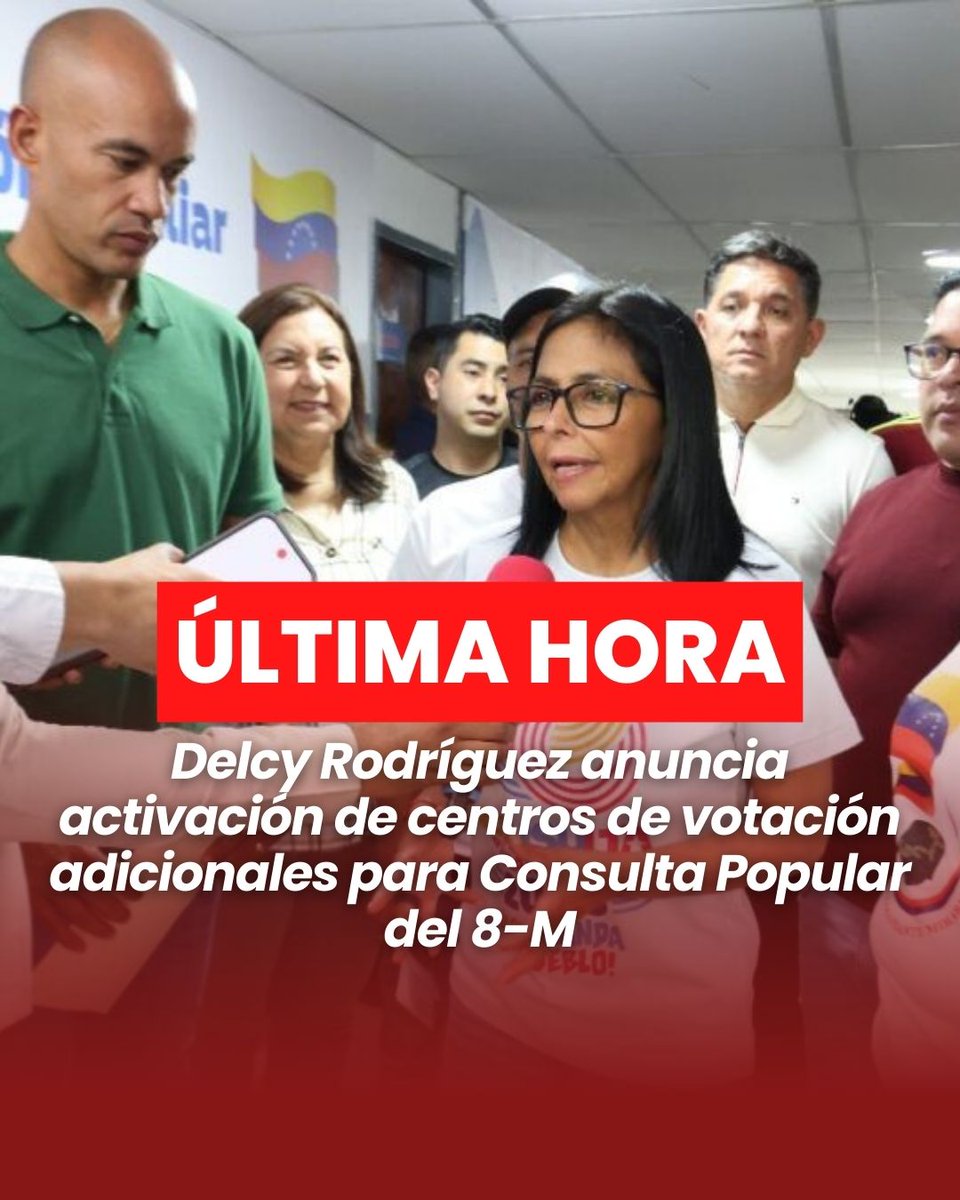 maevenof's tweet photo. Delcy Rodríguez anunció que se abrirán 1 000 centros de votación adicionales para la Consulta Popular Nacional del 8 de marzo, lo que facilitará la participación ciudadana. Más de 36 000 proyectos fueron seleccionados en las asambleas comunitarias: el 67 % pertenece a la Transformación Ciudad Humana (servicios) y el 33 % a la Transformación Económica (emprendimiento y producción). Las diez comunas con mayor votación recibirán financiamiento directo para proyectos juveniles, y Rodríguez hizo un llamado especial a las mujeres a participar en el proceso electoral, en conmemoración del Día Internacional de la Mujer.

https://t.co/aklhlf8Xjj

#LosQueremosDeVuelta #BringThemBack #FreeCilia #FreeMaduro #venezuela