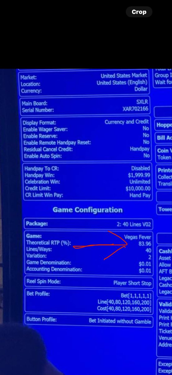 This is a recent photo of the inside motherboard of a slot machine. The casinos are squeezing the public and making the RTP(return to player)on the machines lower and lower.  
This machine 83.96%, You have almost no chance of winning on machines this low.  Every single time you