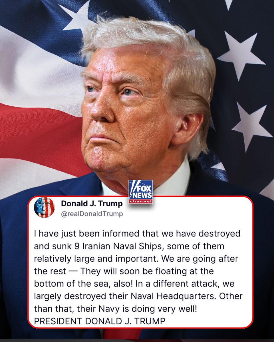 PRESIDENT TRUMP: I have just been informed that we have destroyed and sunk 9 Iranian Naval Ships, some of them relatively large and important
In a different attack, we largely destroyed their Naval Headquarters Other than that, their Navy is doing very well
Follow 👉 <a href="/QTrumpNews2/">Barron Trump Q</a>
