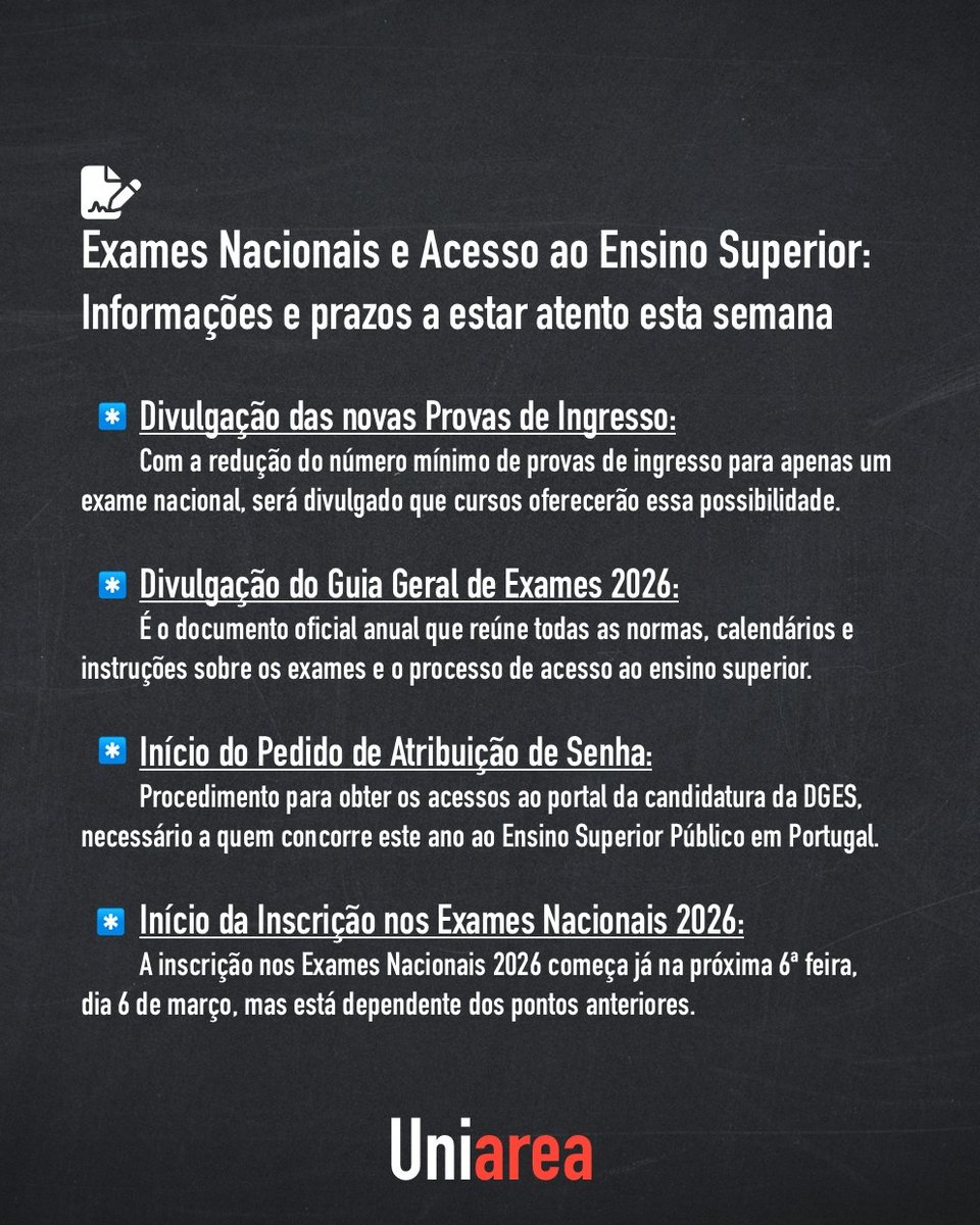 🔜 Espera-se que esta semana sejam conhecidas várias informações pendentes necessárias para a Inscrição nos Exames Nacionais 2026. Acompanha o nosso site e redes sociais para estares a par destas e outras informações, e qualquer dúvida usa o nosso fórum: uniarea.com/forum