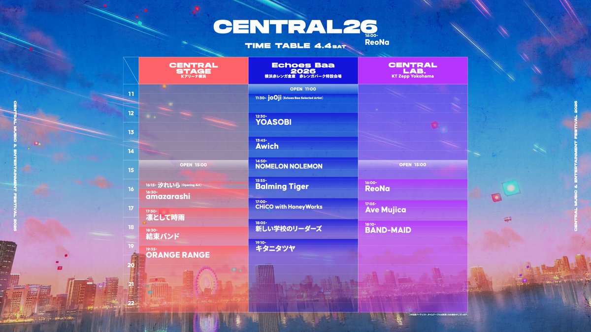 CENTRAL___ofc's tweet photo. ◆ タイムテーブル発表 ◆

4/3(金)・4(土)・5(日)
計34組の豪華アーティストが春の横浜を華やかに彩ります✨

▼チケット詳細はこちら
https://t.co/KKWRbobzky
※チケットは会場、各日ごとの販売です

#CENTRAL_FEST