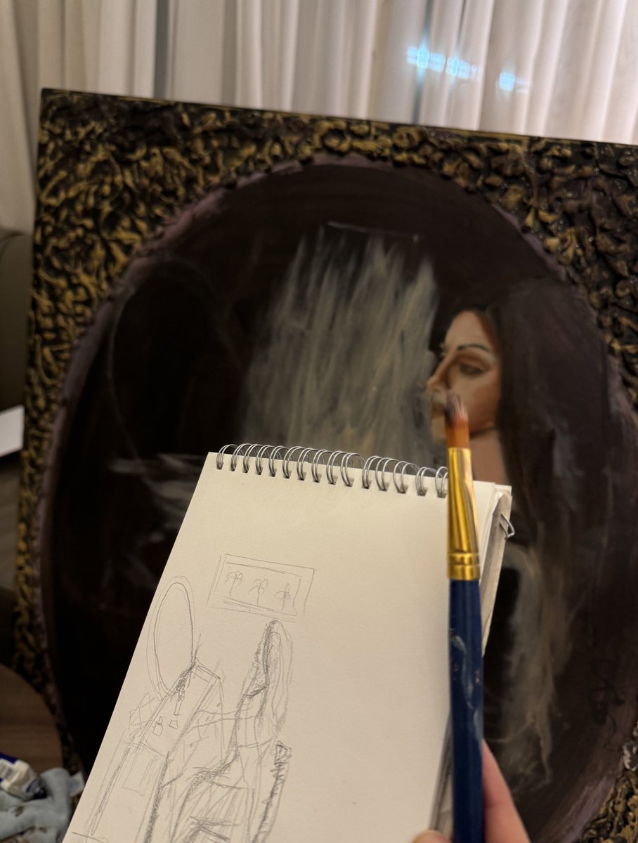 بدأت اشتغل على لوحة العيد ، اللوحة ثقيلة وحجمها مناسب للجميع التفاصيل الي أبيها تكون باللوحة ، الملامح بديت أوصل لها وتطلع معي لما ارسم ..لكن بحاول اجيب الملامح الي أبيها .