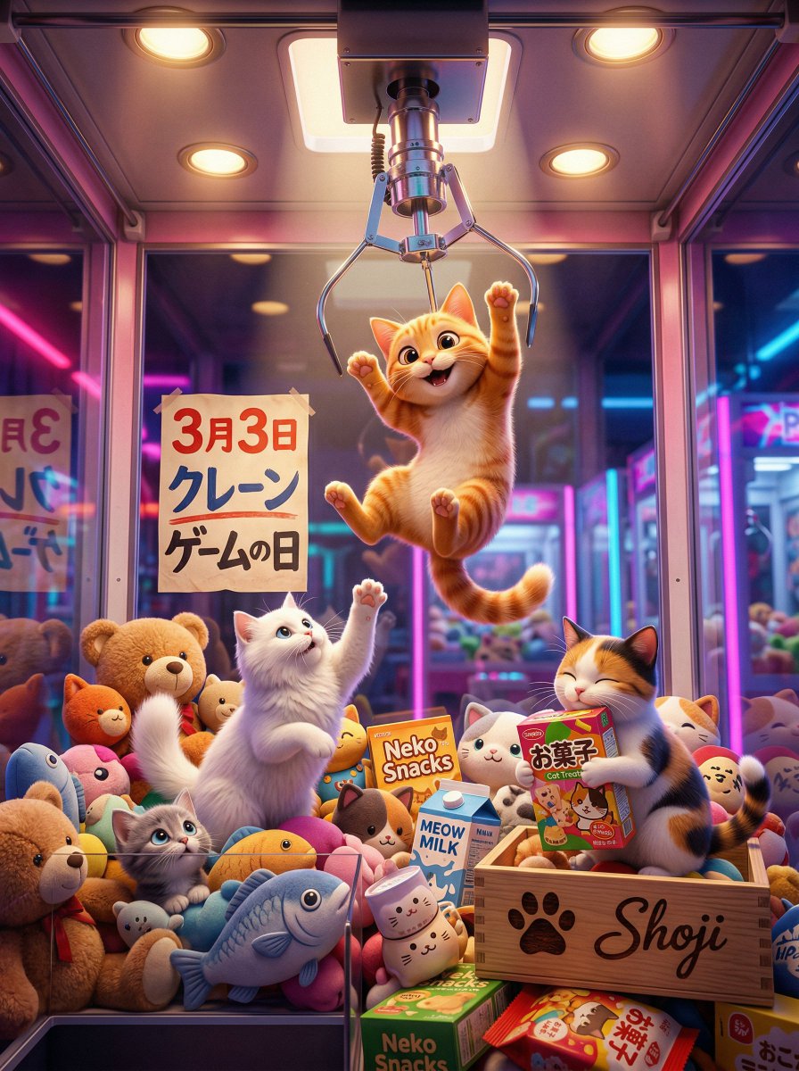 Shoji_ai's tweet photo. 🕹️ Crane Game Day (3/3)
#ShojiCatCalendar
Did you know crane games are older than video games? The first machine was released by Taito in 1965! Now a beloved Japanese amusement culture enjoyed worldwide 🌍
Today's cats ended up ON the prize side… one lucky kitty getting the ultimate crane lift! 😸✨