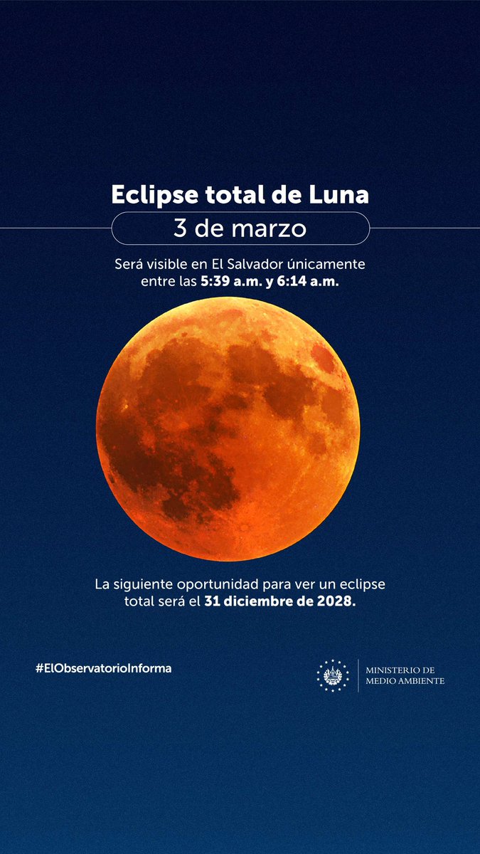 MINISTERIO DE MEDIO AMBIENTE ANUNCIA HORARIO PARA VER EL ECLIPSE TOTAL DE LUNA

El Ministerio de Medio Ambiente informó que este 3 de marzo se registrará un eclipse total de Luna, un fenómeno astronómico que podrá observarse en territorio salvadoreño durante un periodo limitado.