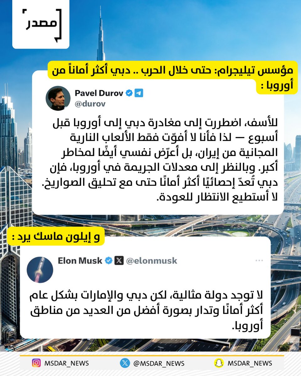 MSDAR_NEWS's tweet photo. بافيل دوروف: حتى خلال الحرب .. دبي أكثر أماناً من أوروبا

إيلون ماسك يرد: الإمارات ودبي تدار بصورة أفضل من غالبية دول أوروبا

#مصدر_للأخبار https://t.co/AHOIMgSYcc