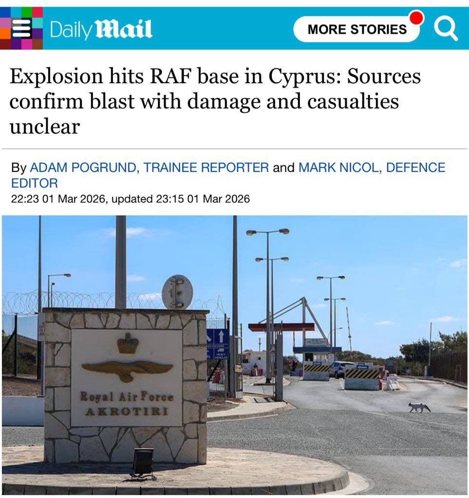BREAKING:

🇨🇾🇮🇷🇬🇧 Explosion near UK base in Cyprus

Sources confirm blast with damage and casualties unclear - Daily Mail