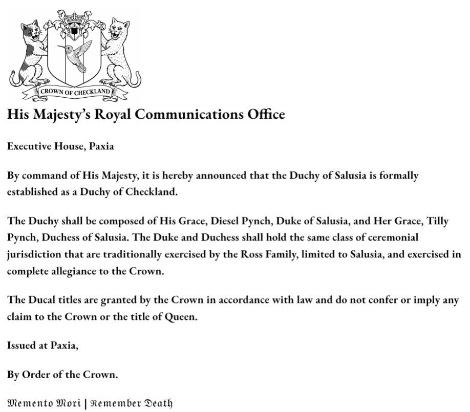 ChecklandGov's tweet photo. Announcement from His Majesty’s Royal Communications Office. 
#Checkland #Royal #Micronation https://t.co/OKGGUURC4V