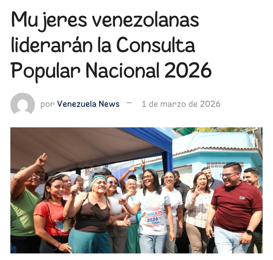 AriasEndri72002's tweet photo. ¡Mujeres al Frente en la Consulta 2026!
La presidenta encargada Delcy Rodríguez invita a todas las lideresas del país a tomar las riendas de la Consulta Popular Nacional 2026
#Consulta2026 #MujeresAlFrente #DíaDeLaMujer #VenezuelaUnida #LiderazgoFemenino https://t.co/pTUmtyyHzt